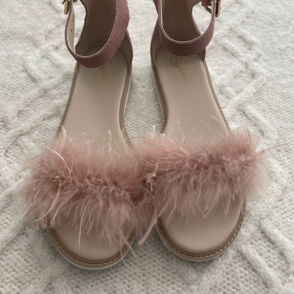 SEYCHELLES SUEDE RUFFLED A FEW FEATHERS ANKLE STRAP FLAT SANDALS